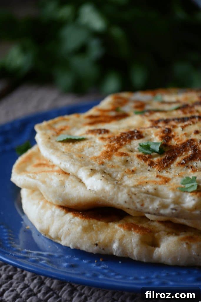 Close-up of freshly cooked homemade naan bread, showing its puffy texture.