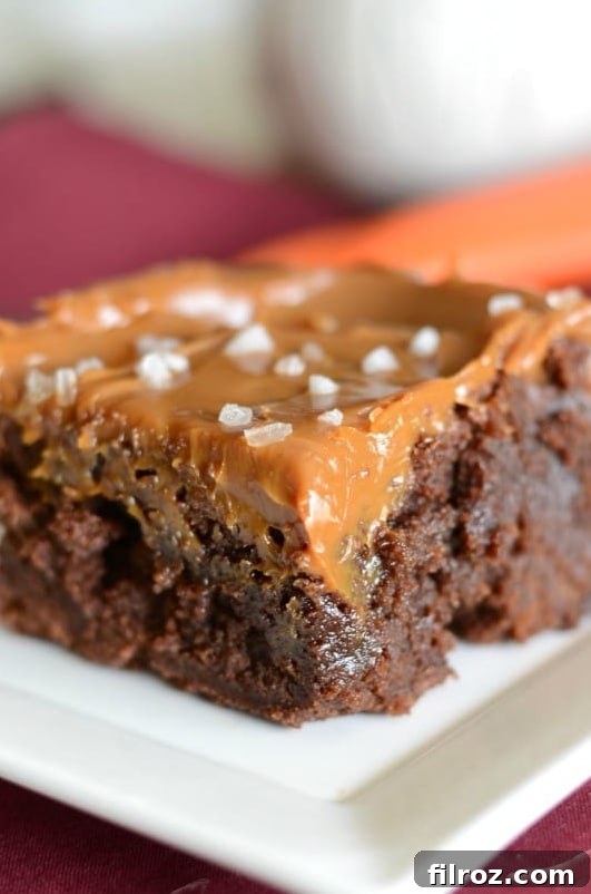 A perfectly baked brownie with caramel and sea salt, showcasing the rich texture.