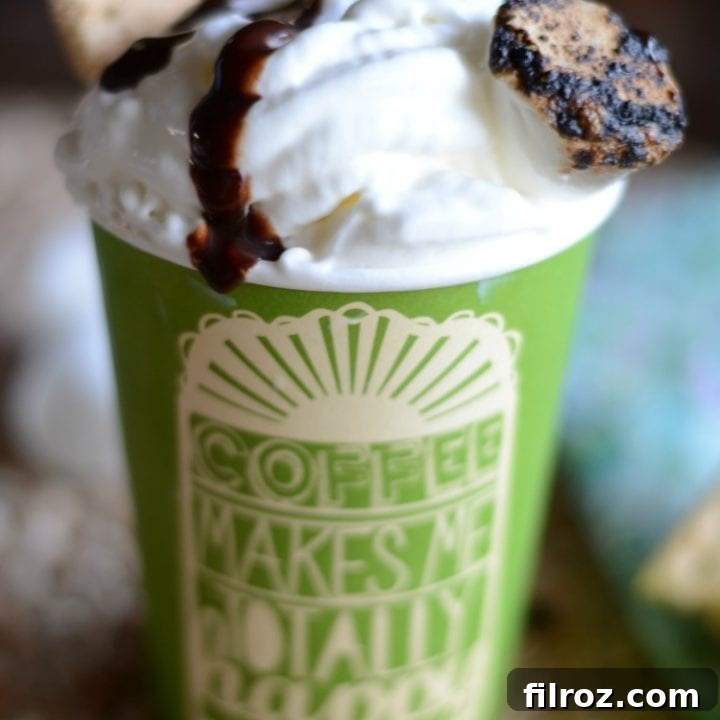 Delicious Toasted Marshmallow Latte, beautifully garnished with whipped cream and chocolate drizzle