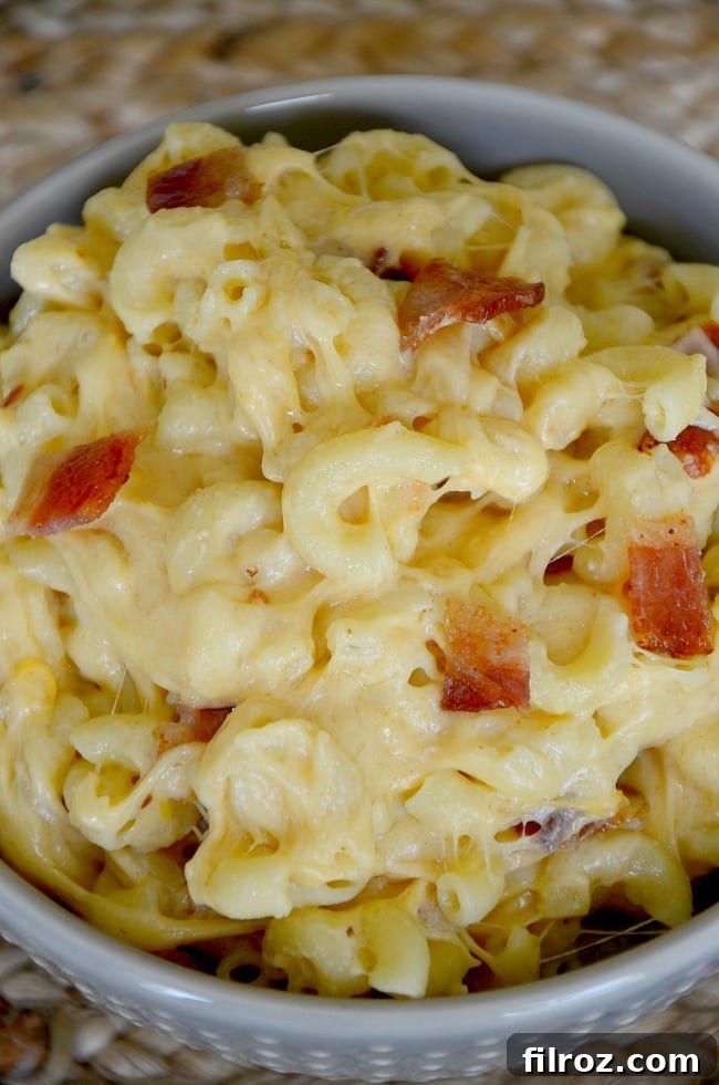 The ingredients laid out: a bag of Skinner elbow pasta, cheese, milk, garlic, and cooked bacon, ready for the recipe.