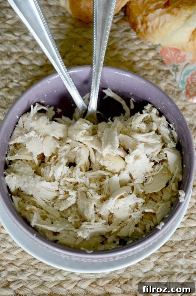 Close-up of succulent chicken breasts simmering in a slow cooker with broth and spices.