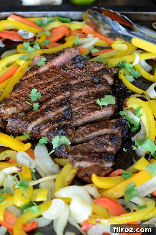 A delicious plate of easy steak fajitas, colorful and vibrant.