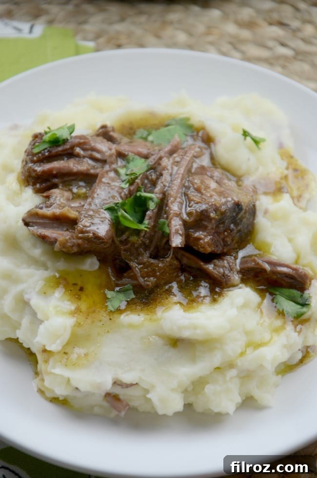 Overhead view of a cooked Mississippi Pot Roast, rich in color and invitingly tender.