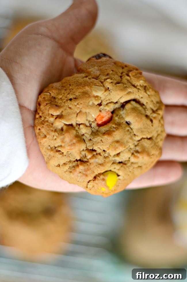 Close-up of baked monster lactation cookies with M&Ms