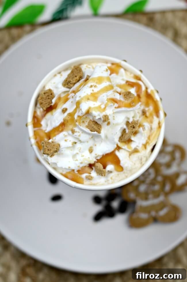 A close-up of a homemade copycat Starbucks gingerbread latte with whipped cream