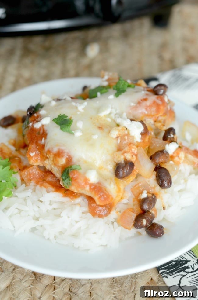 Chicken enchilada skillet with melted cheese.