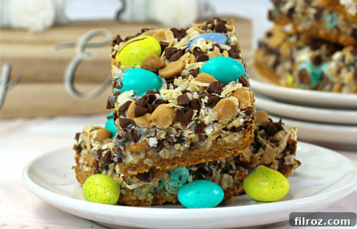 Colorful Easter Magic Cookie Bars with M&Ms close up