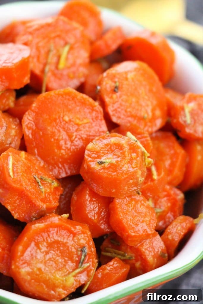 Sweet and savory honey roasted carrots close-up