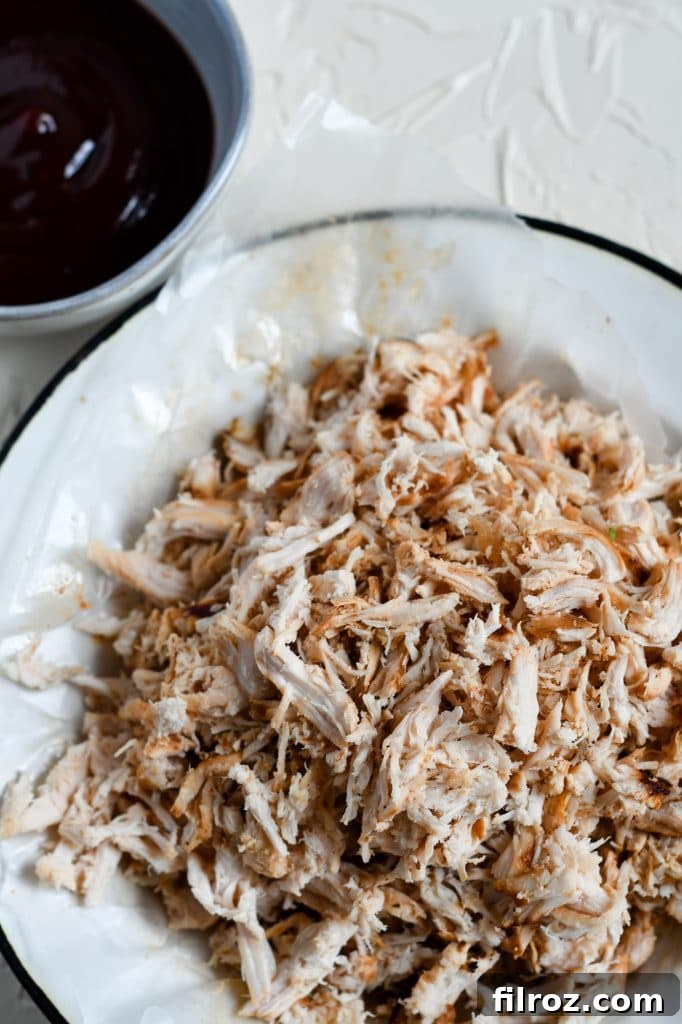 Sweet and Smoky BBQ Chicken Sandwich 6 Shredded chicken ready for BBQ sauce