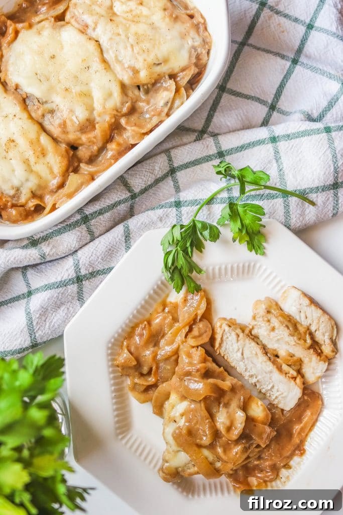 French Onion Smothered Pork Chops 12 overhead shot of french onion pork chops cut up