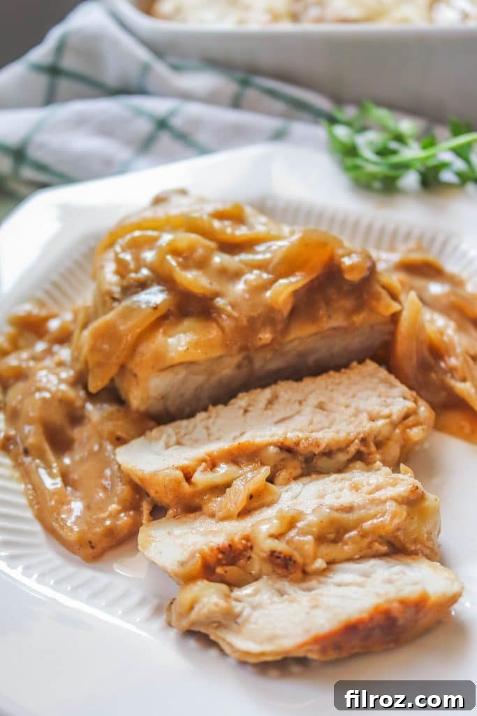 French Onion Smothered Pork Chops 13 close up of sliced french onion pork chops