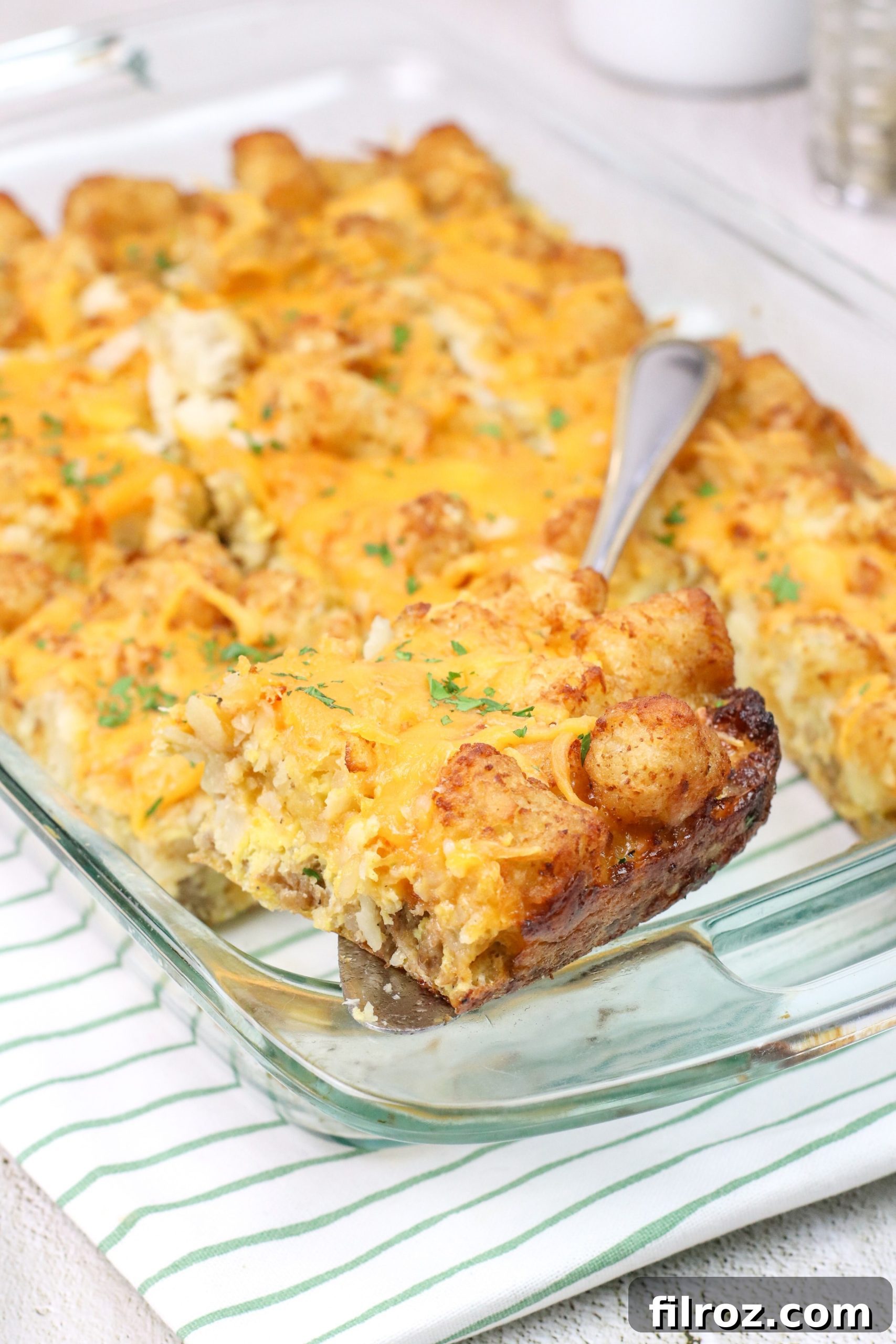 slice of tater tot breakfast casserole