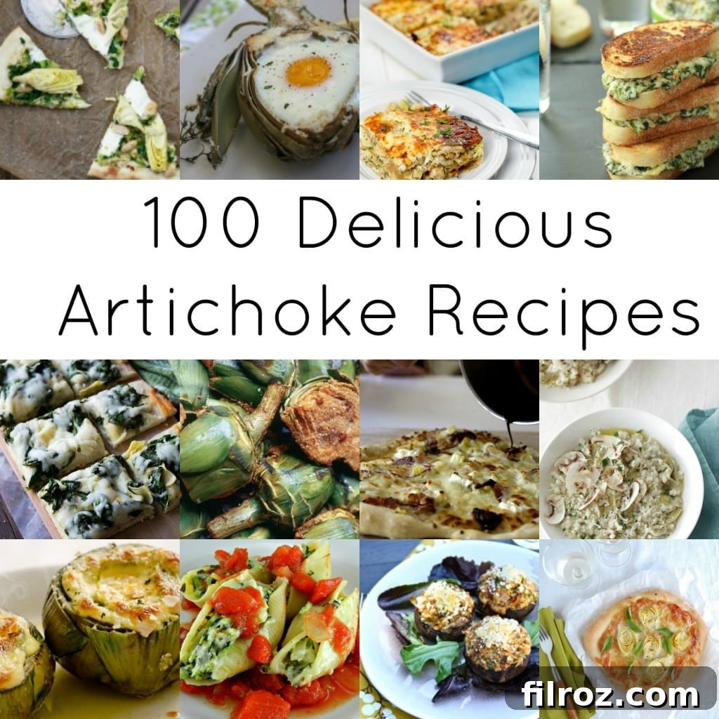 A vibrant collage showcasing a variety of delicious artichoke dishes, including dips, salads, and main courses, inviting readers to explore 100 unique recipes.