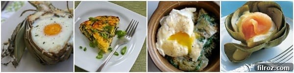 A collection of savory breakfast dishes featuring artichokes, including quiches, casseroles, and egg preparations.