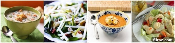A selection of artichoke-centric soups and salads, featuring fresh ingredients and colorful presentations.