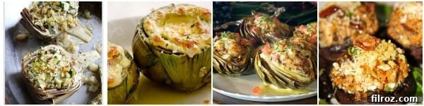 Delicious stuffed artichoke dishes, showcasing various fillings and preparations, perfect for an elegant meal.