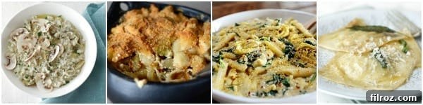 A collage featuring various artichoke pasta recipes, including ravioli, lasagna, and risotto dishes.