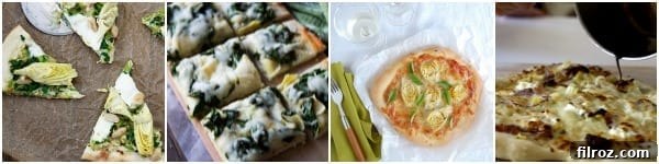 A mouth-watering collage of diverse artichoke pizza recipes, showcasing different toppings and styles.
