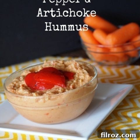Roasted Red Pepper and Artichoke Hummus, a delicious and healthy homemade dip.