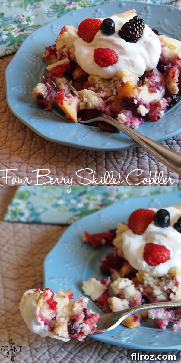 Four Berry Skillet Cobbler with a scoop of ice cream