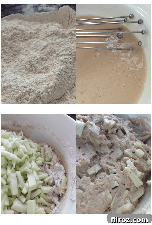 Step-by-step instructions for making a vegan apple walnut crumb cake.